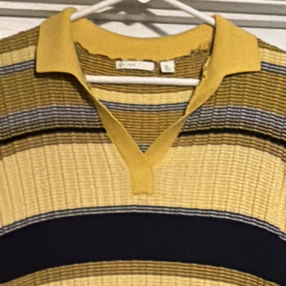 Women's XL Striped Knit Collared Short Sleeve Sweater Dress Yellow Stripes Dress - Picture 3 of 10